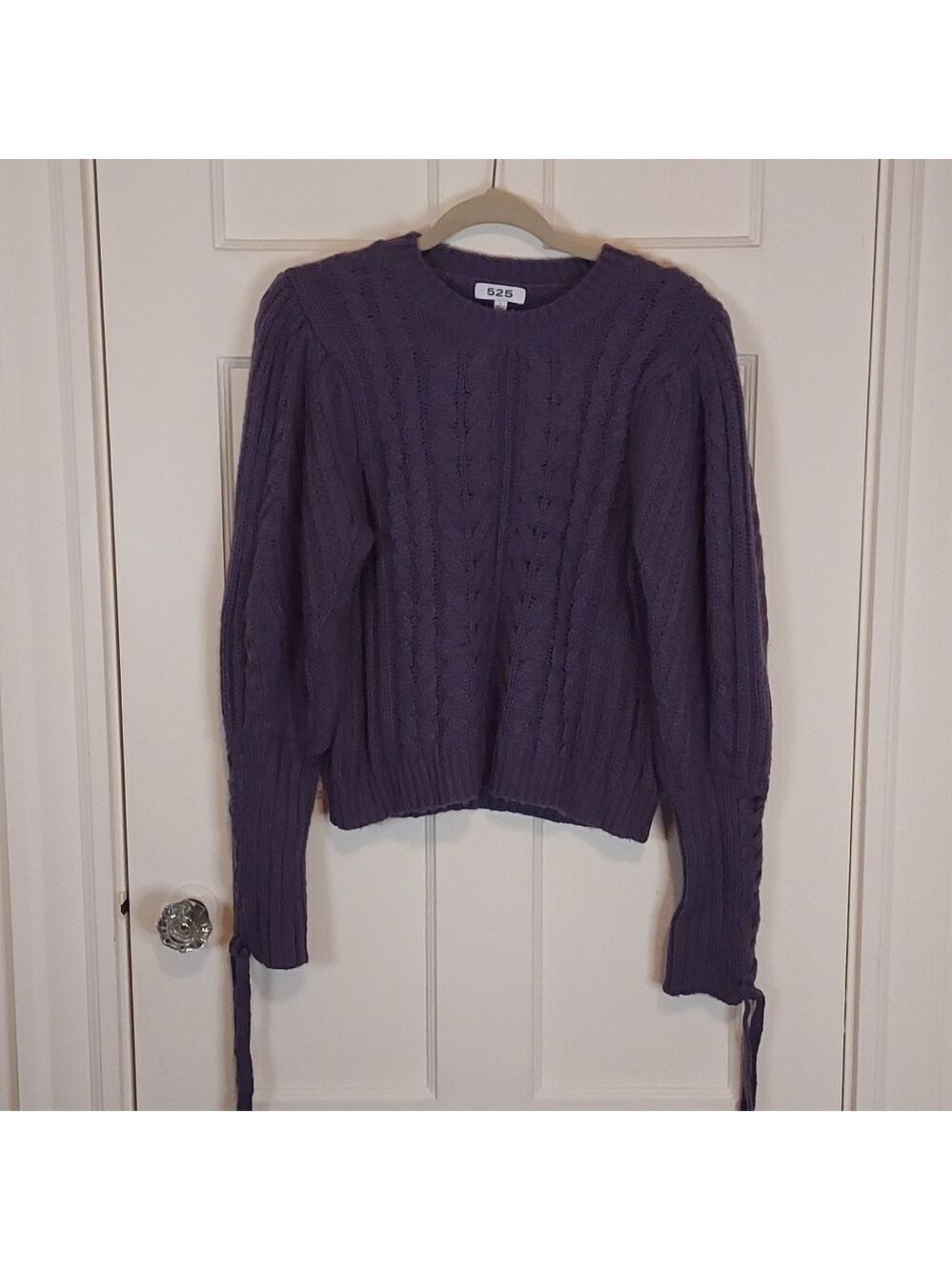 525 America Cable Knit Crop Tie Sleeve Sweater Purple
